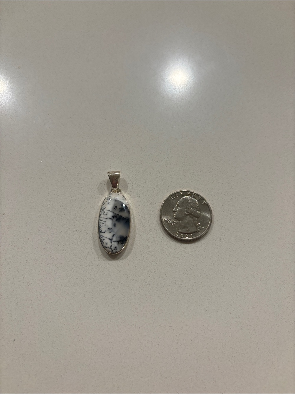 White Dendritic Opal Oval Sterling Silver Pendant Necklace